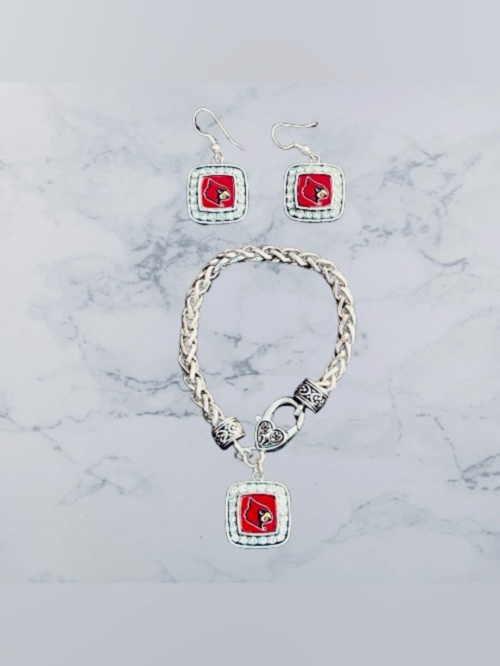 Louisville Cardinals Rhinestone Square Charm Bracelet and Earring Set